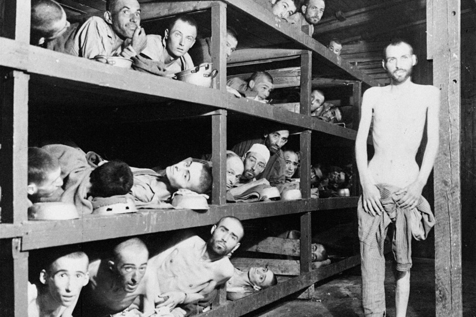Antalet offer för Förintelsen uppskattas till omkring 6 miljoner. De flesta gasades ihjäl och kremerades i koncentrationsläger. Bilden visar fångar i koncentrationslägret Buchenwald.