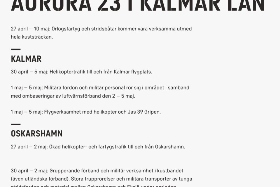Så tränar Försvarsmakten i Kalmar län. Skärmdump från Försvarsmaktens hemsida.