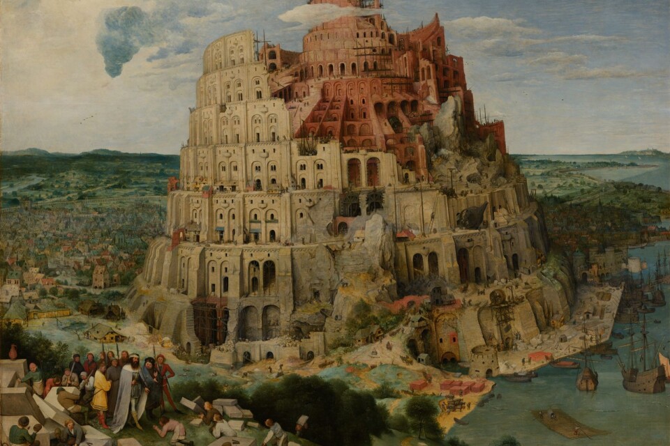 Pieter Bruegel den äldre målning av Babels torn som omnämns i Första Mosebok. Människans hybris lade grund för språkförbistringen.