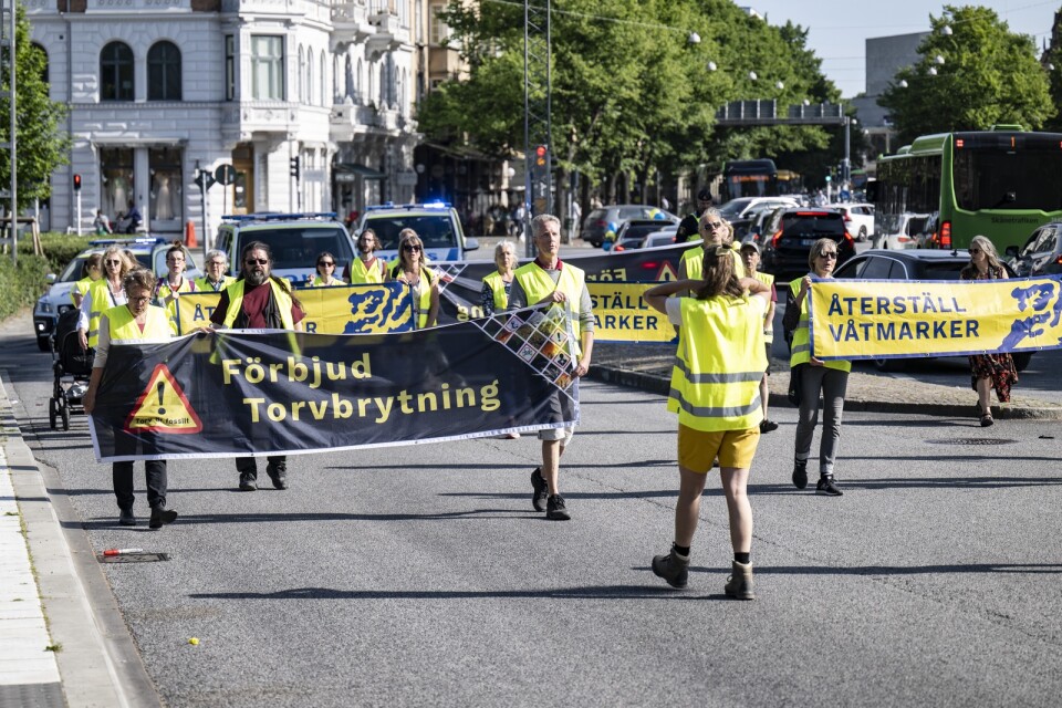 Återställ våtmarker / Förbjud Torvbrytning marscherar genom Malmö.