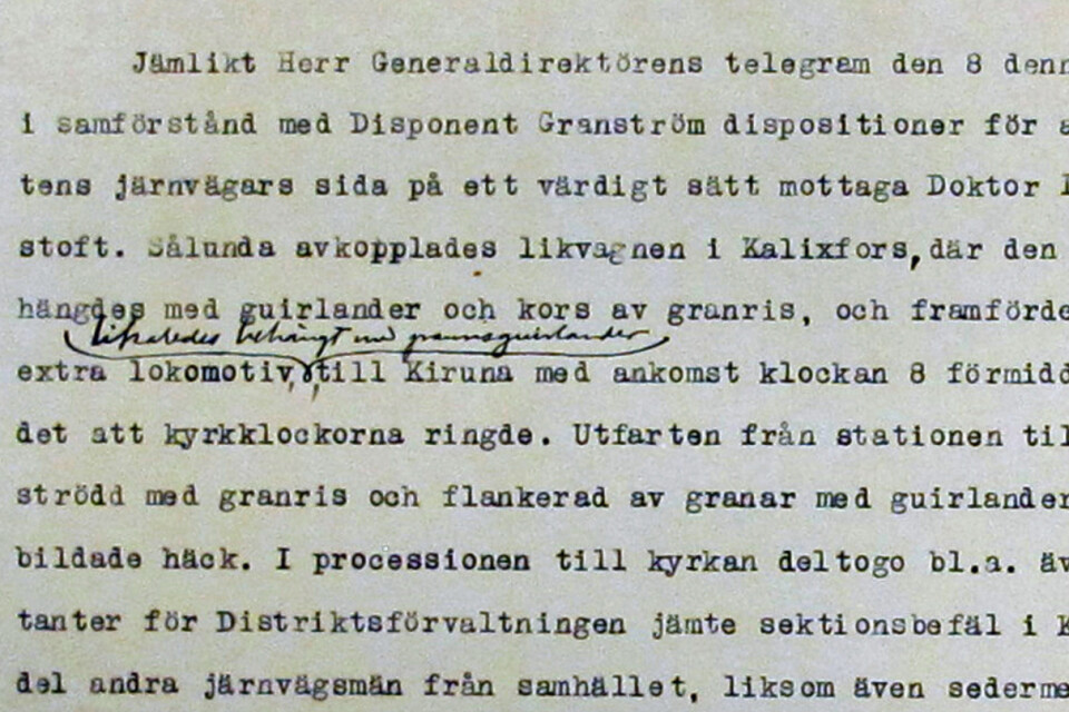 Ett utsnitt ur ett brev som SJ:s distriktschef skrev till generaldirektören för att informera om de särskilda arrangemang som ordnats för järnvägsvagnen som Hjalmar Lundbohms kista skulle föras i till Kiruna.