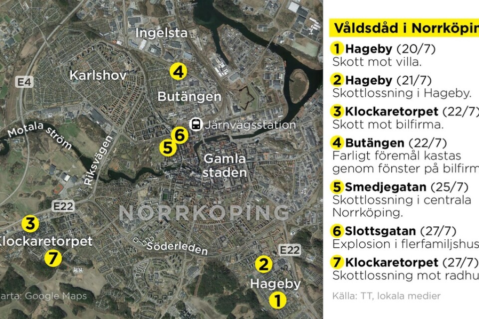 Kartan visar platserna för den senaste tidens våldsdåd i Norrköping.