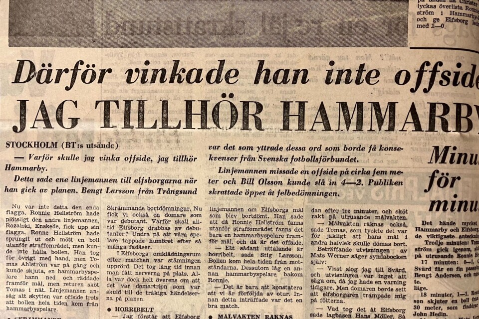 En av Borås Tidnings sportsidor efter matchen mot Hammarby 21 april 1974. Linjemannen Bengt Larsson pekades felaktigt ut.
