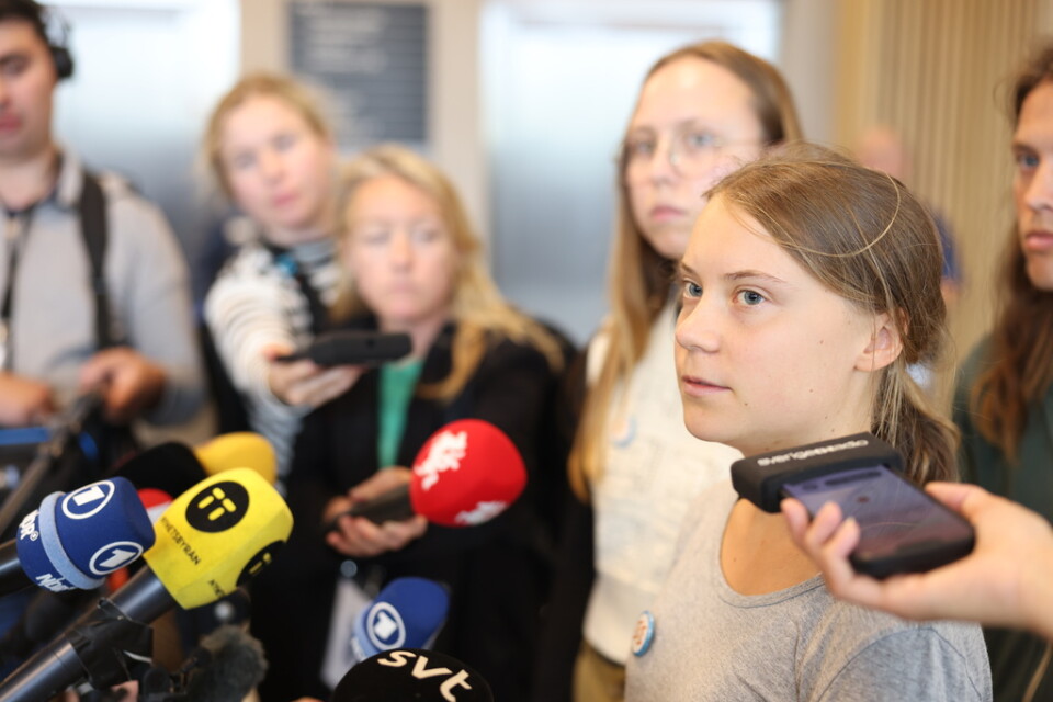Greta Thunberg på en pressträff efter domen i Malmö tingsrätt.