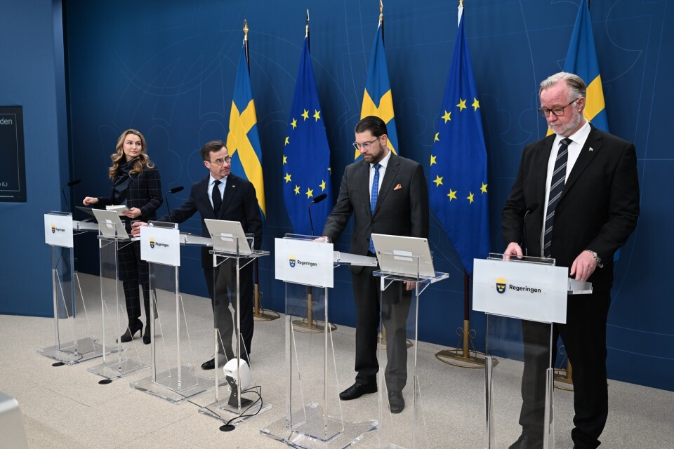 Tidösamarbetet fungerar bra, anser skribenterna. Från vänster:  Statsminister Ulf Kristersson (M), näringsminister Ebba Busch (KD) och arbetsmarknads- och integrationsminister Johan Pehrson (L) samt Sverigedemokraternas partiledare Jimmie Åkesson (SD) .