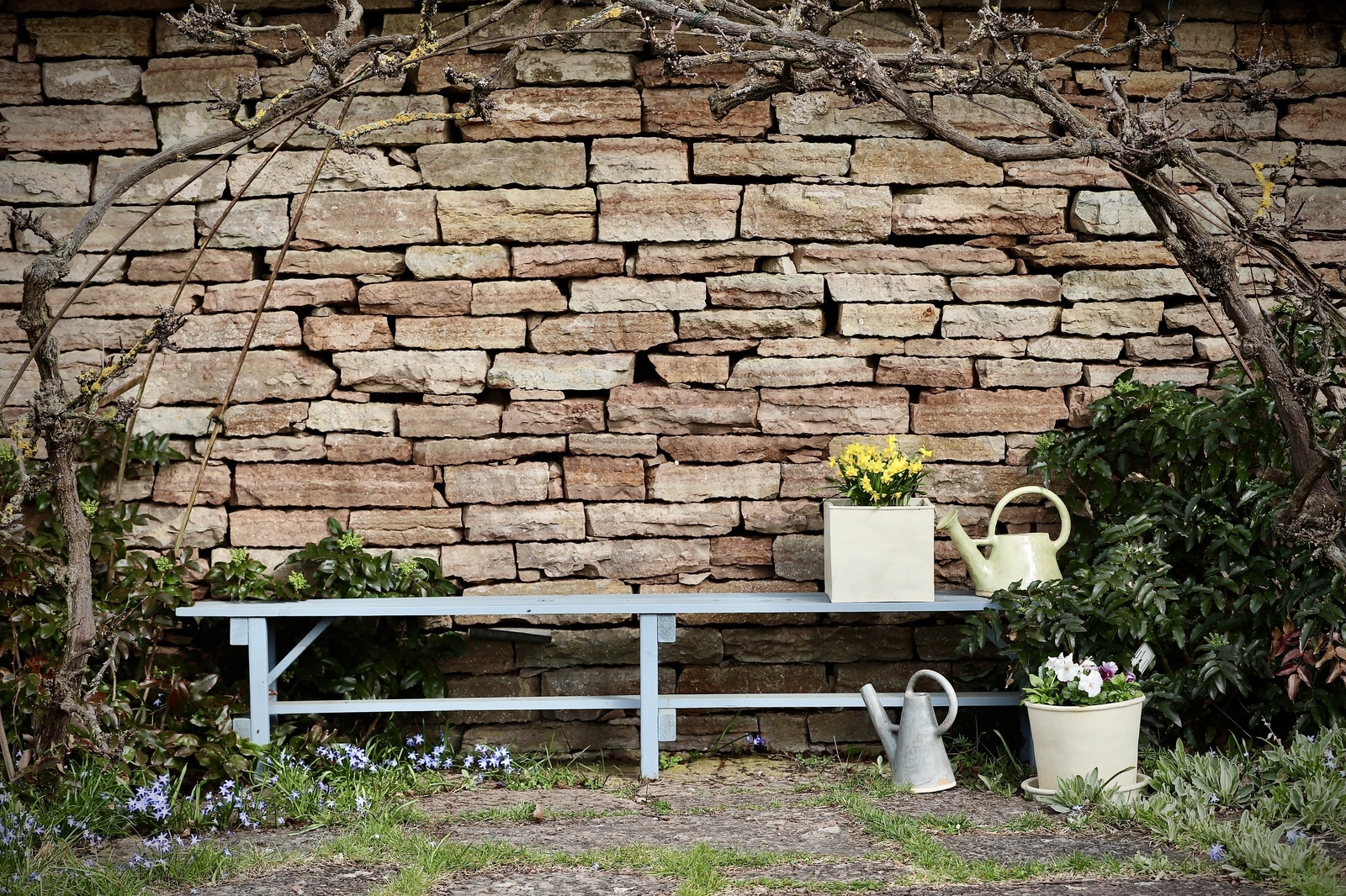 En trivsam bänk inne i rosenträdgården att slå sig ner på för en stunds avkoppling mot kalkstensväggen.
