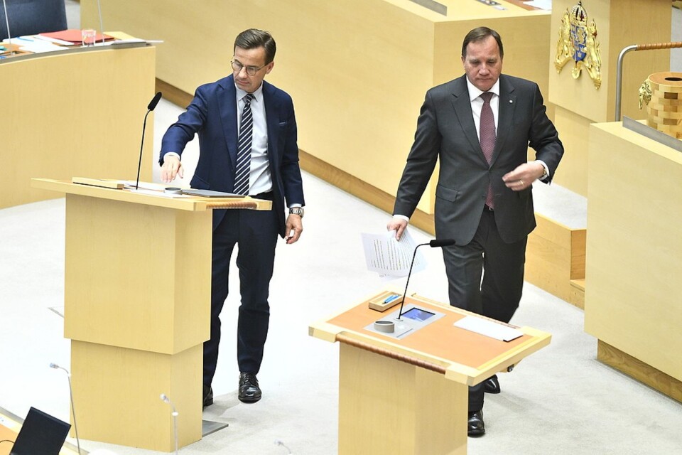 Oppositionsledaren Ulf Kristersson, M,  attackerade statsminister Stefan Löfven, S, för slapp kriminalpolitik på onsdagen. Foto: Claudio Bresciani / TT