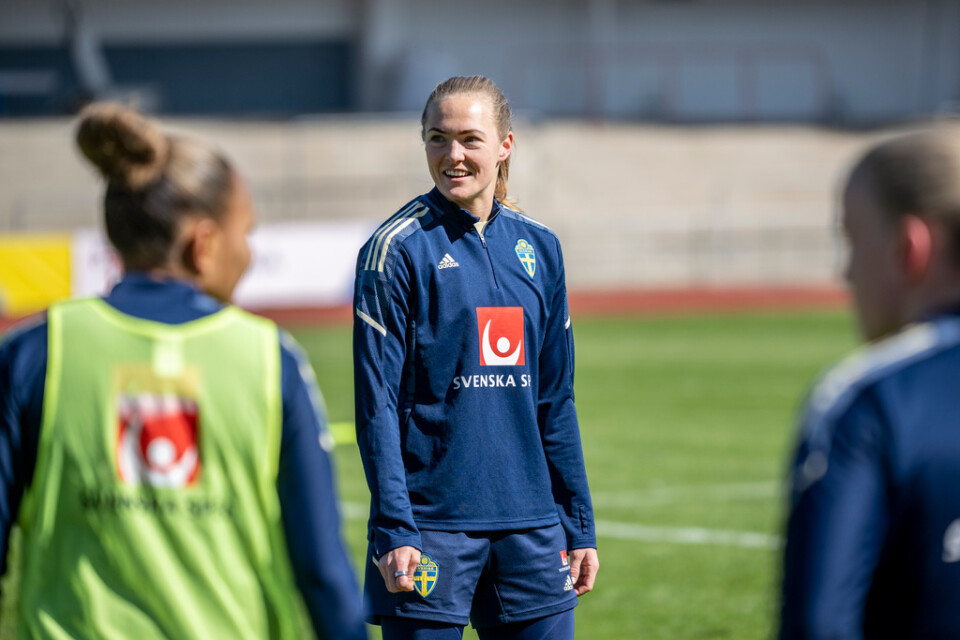 Magdalena Eriksson under onsdagens träning med fotbollslandslaget på Stadion i Malmö.