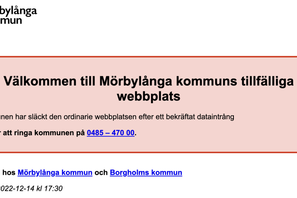 Mörbylånga kommuns tillfälliga hemsida skärmdump - efter cyberattacken som också riktades mot Borgholms kommun.