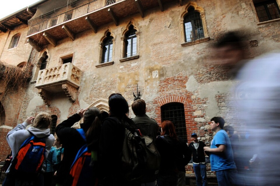 Balkongen på "Julias hus" i Verona. Byggnaden är ett mycket populärt turistmål, och öppnar nu återigen för turister. Arkivbild.