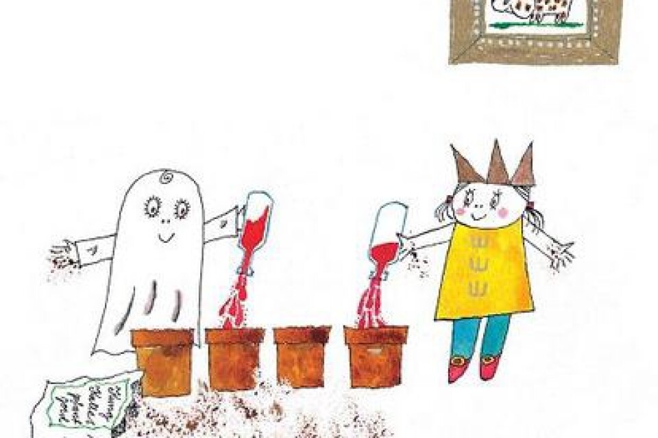Prins Bus virkar en julklapp till mamma och pappa i boken "Är det jul nu igen? sa spöket Laban". Labolina och Busan däremot sår magiska häxfrön. Illustration: Lasse Sandberg
