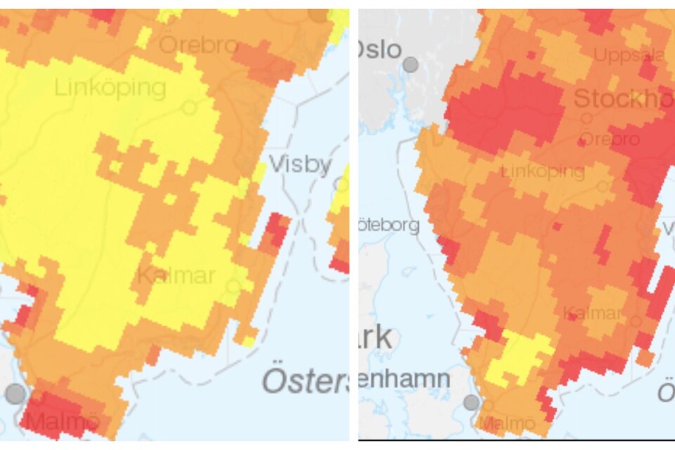 Kartan till vänster visar risken för skogsbränder under torsdagen. Kartan till höger visar risken under måndagen. Foto: Skärmdump från SMHI.
