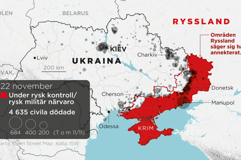 Områden under rysk kontroll/rysk militär närvaro samt antal civila dödade.
