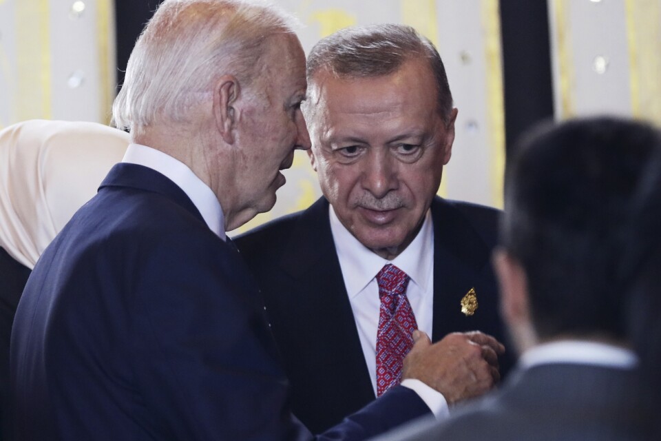 USA:s president Joe Biden och Turkiets president Recep Tayyip Erdogan vid G20-mötet den 15 november.