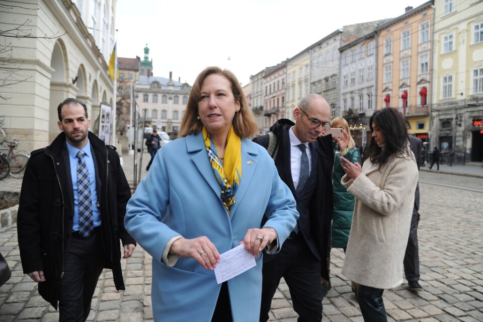USA-ambassadören Kristina Kvien i Lviv i februari, innan kriget bröt ut. Arkivbild.