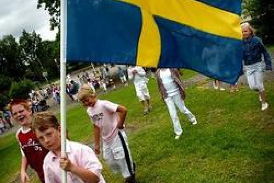 Johan Olsson, med flaggan och Joel Johansson var fanbärare dagen till ära. BildER: Tommy Svensson