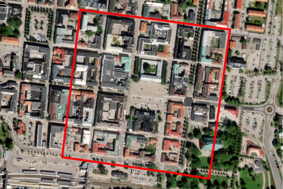 Området över centrala Växjö som ska fotograferas av kommunen. I mitten syns Stortorget.