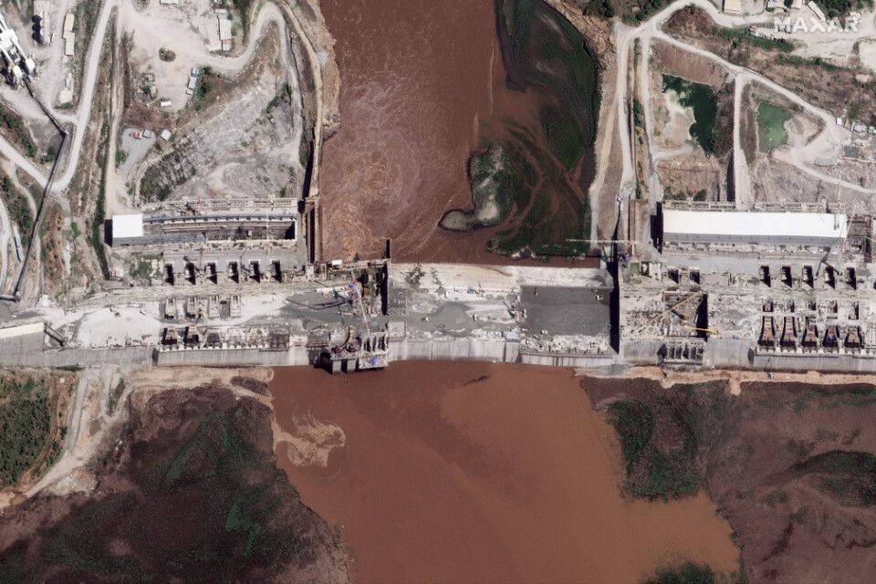 Satellitbild från 2020 över dammbygget Stora etiopiska renässansdammen vid Blå Nilen. Arkivbild.