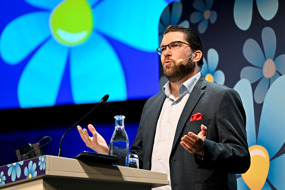 Sverigedemokraternas partiledare Jimmie Åkesson talar under partiets kommun- och regionkonferens i Karlstad.