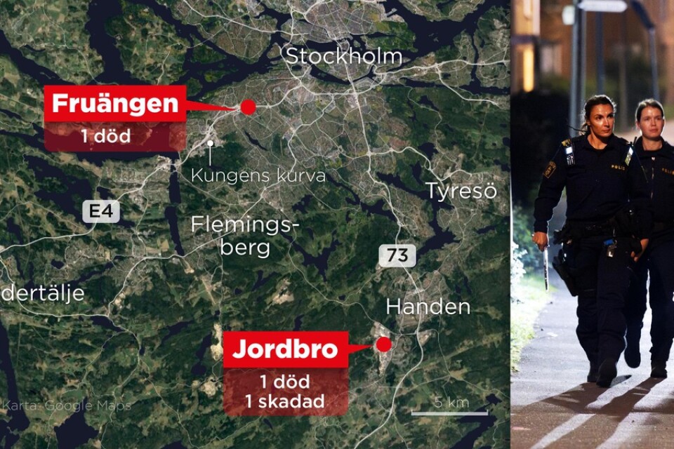 Kartan visar Fruängen och Jordbro söder om Stockholm där totalt två personer sköts till döds och en skottskadades under det senaste dygnet.