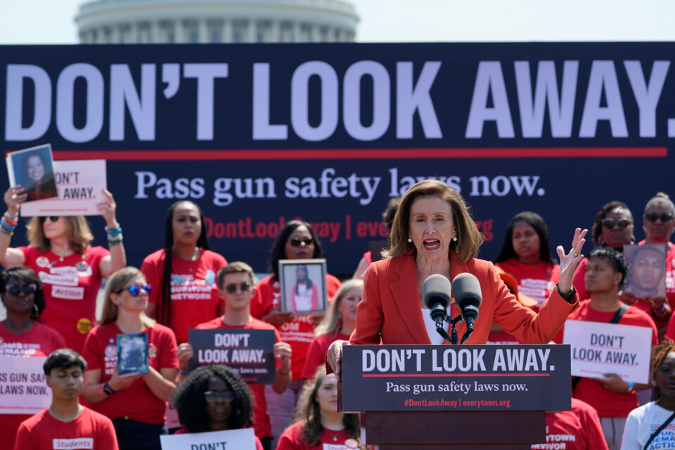 Representanthusets talman, demokraten Nancy Pelosi, talar till anhängare om behovet av nya vapenlagar, i Washington på onsdagen.