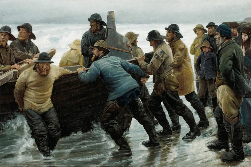 Michael Ancher: "Fiskere i færd med at sætte en rorsbåd i vandet" (1881). Foto: Skagens Museum