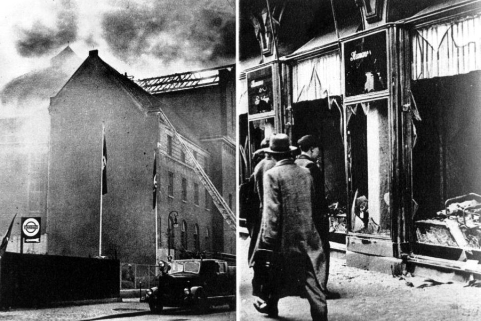 Kristallnatten 10 november 1938. Bilden till vänster: synagoga i Berlin brinner, och till höger: krossade butiksfönster i judiska affärer i Berlin.