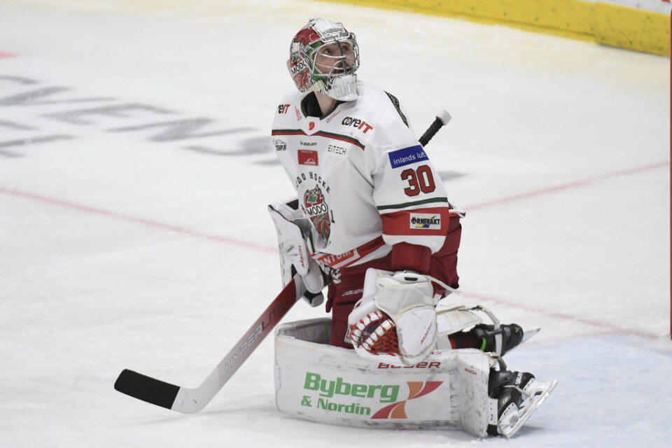 Målvakten Kristers Gudlevskis var en av Modos matchhjältar i den första hockeyallsvenska finalen. Arkivbild.