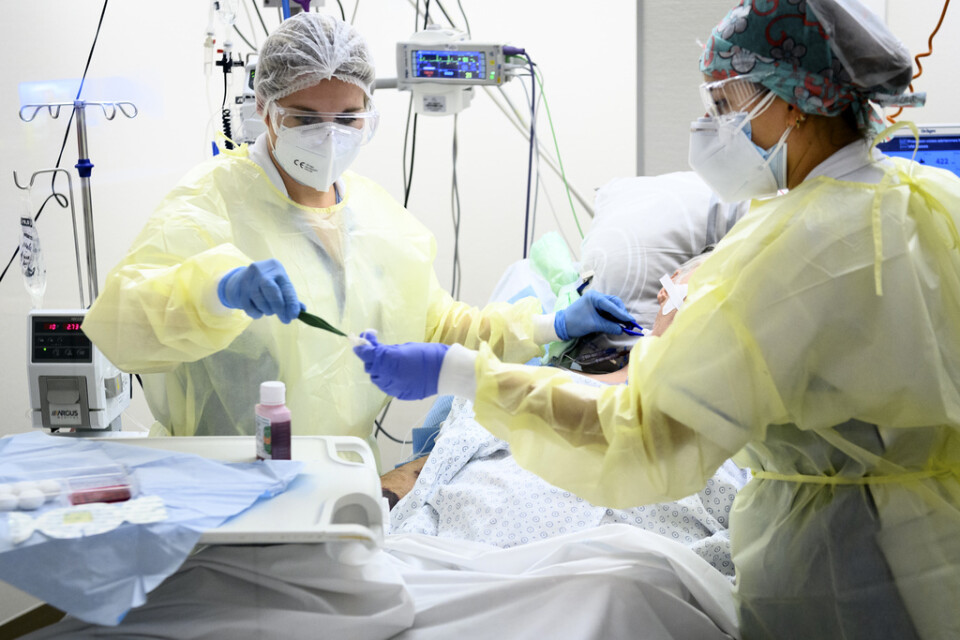 Vårdpersonal med en covidpatient på intensivvårdsavdelningen på ett sjukhus i Yverdon-les-Bains i västra Schweiz. Bilden är från den 4 november.