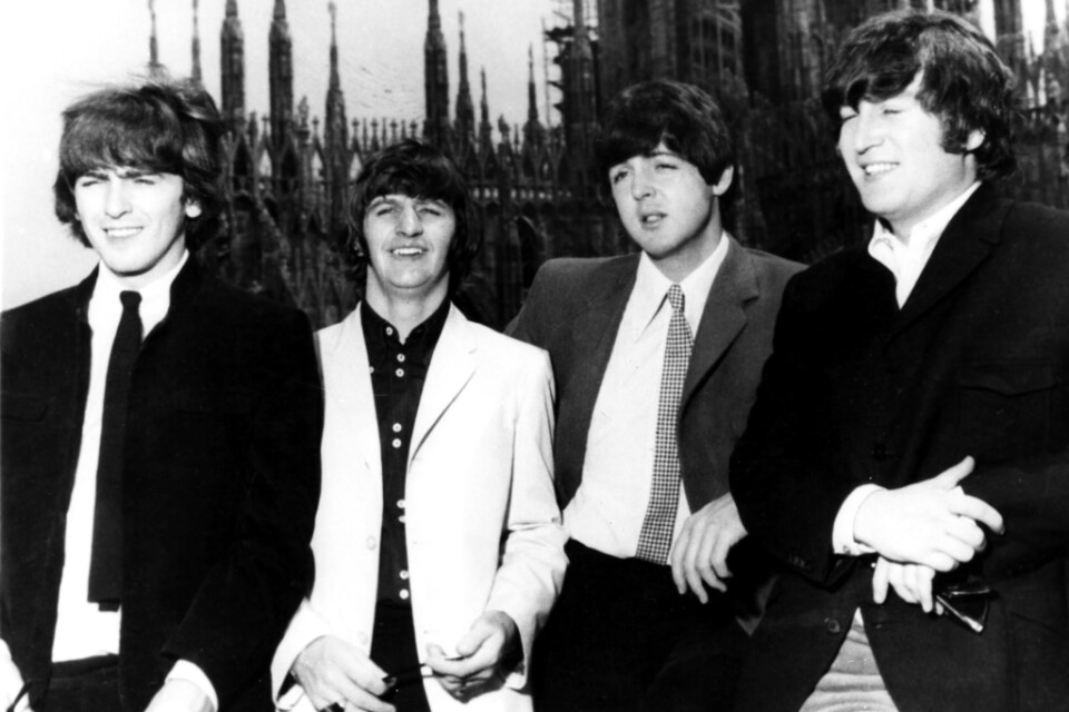 George Harrison, Ringo Starr, Paul McCartney och John Lennon i London på 1960-talet. Arkivbild.