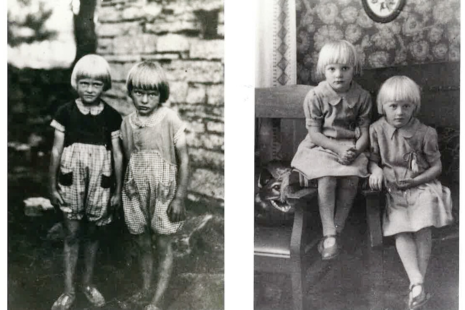 En vardagsbild och en helgbild av Anna och hennes syster Rut. På den vänstra bilden står Anna till vänster och på den högra bilden sitter hon till höger.