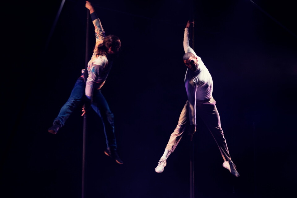 Alexandre Duran Davins och Sadiq Ali uttrycker sig genom akrobatik på kinesisk stång. Pressbild.