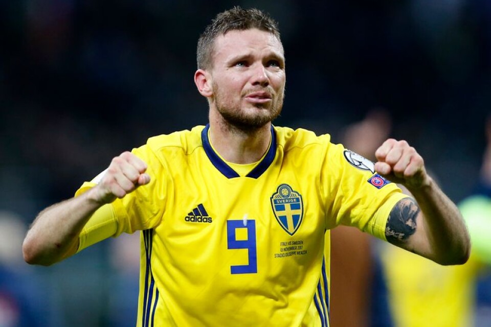 Sweden's Marcus Berg celebrates at the end of the World Cup qualifying play-off second leg soccer match between Italy and Sweden, at the Milan San Siro stadium, Italy, Monday, Nov. 13, 2017. Four-time champion Italy has failed to qualify for World Cup; Sweden advances with 1-0 aggregate win in playoff.