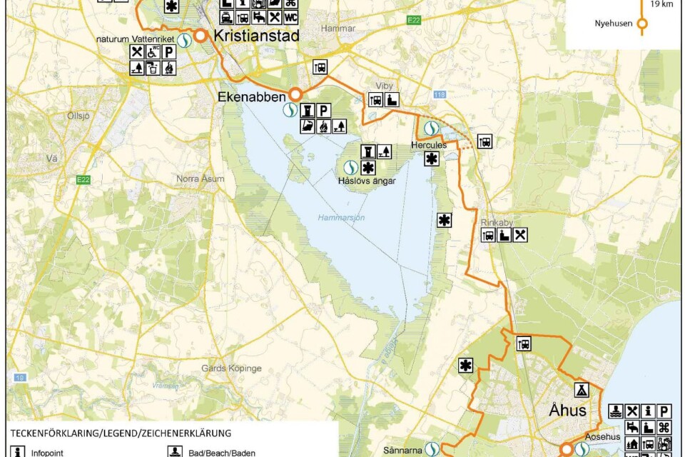 Karta över den nya sträckan av Skåneleden, 14 mil lång.