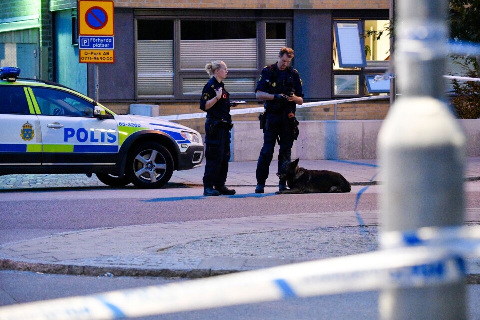 En man har förts till sjukhus efter en skottlossning i Kirseberg och polisen söker med hundpatrull i området.