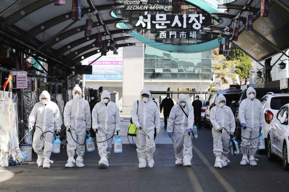 Desinfektion vid en marknad i Daegu i Sydkorea.