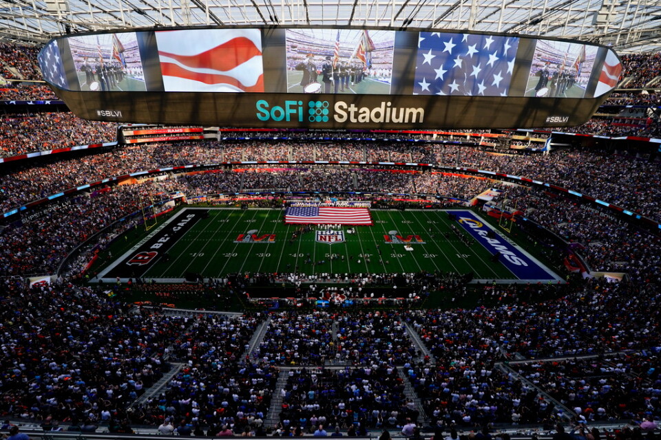 Fjolårets finalarena Sofi Stadium i Los Angeles under Super Bowl 2022. Årets match spelas på State Farm Stadium i Arizona. Arkivbild.