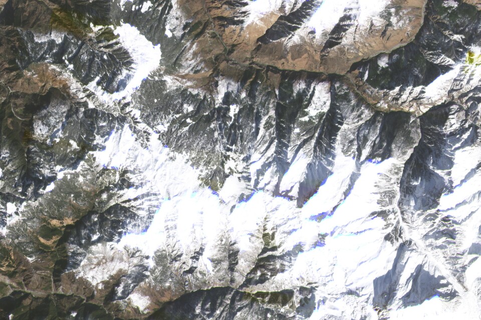 Översiktsbild över glaciären vid Himalaya, Indien i början av februari.