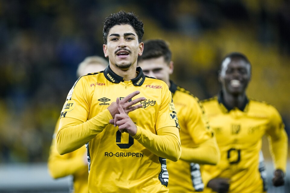 Ahmed Qasem jublar efter sitt mål Helsingborgs IF på Borås Arena.