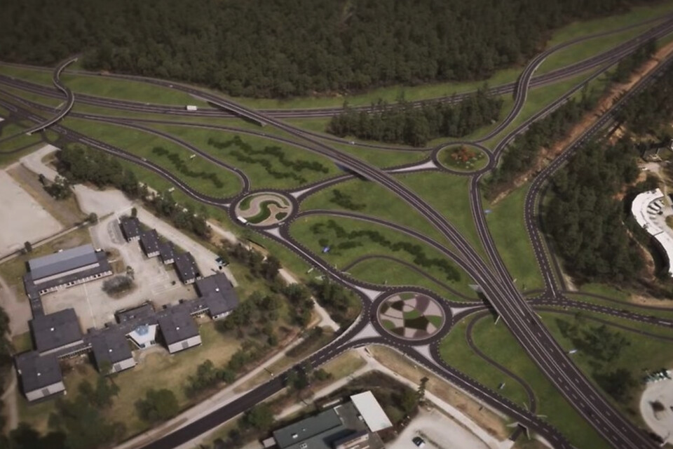 På visionsbilden för nya Trafikplats Fagrabäck ses de tre planerade rondellerna och upp till vänster den nya gång- och cykelbron över Österleden. Illustration: Trafikverket/Växjö kommun