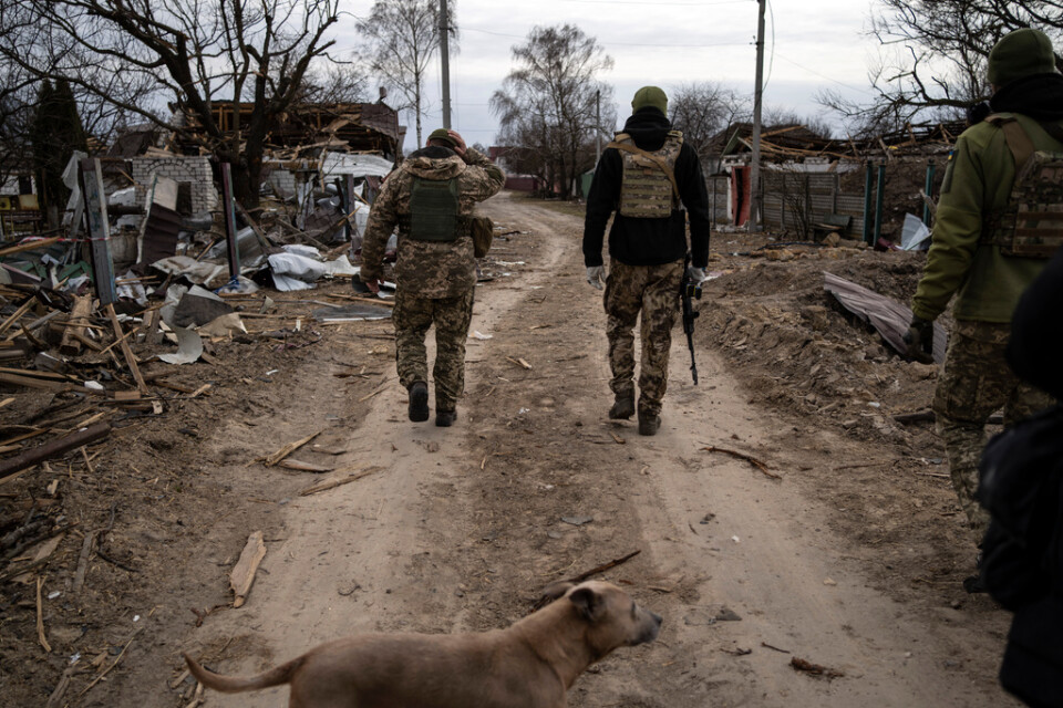 Två ukrainska soldater på en väg i närheten av Brovary i utkanten av Kiev i slutet av mars.