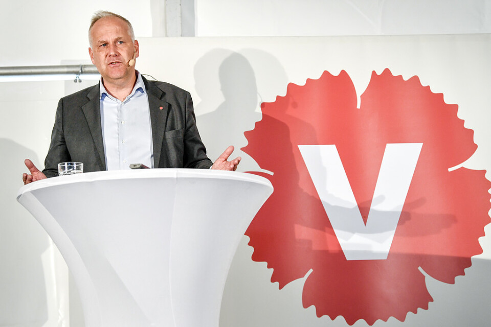 Vänsterpartiets partiledare Jonas Sjöstedt håller pressträff under Vänsterpartiets dag på politikerveckan i Almedalen.