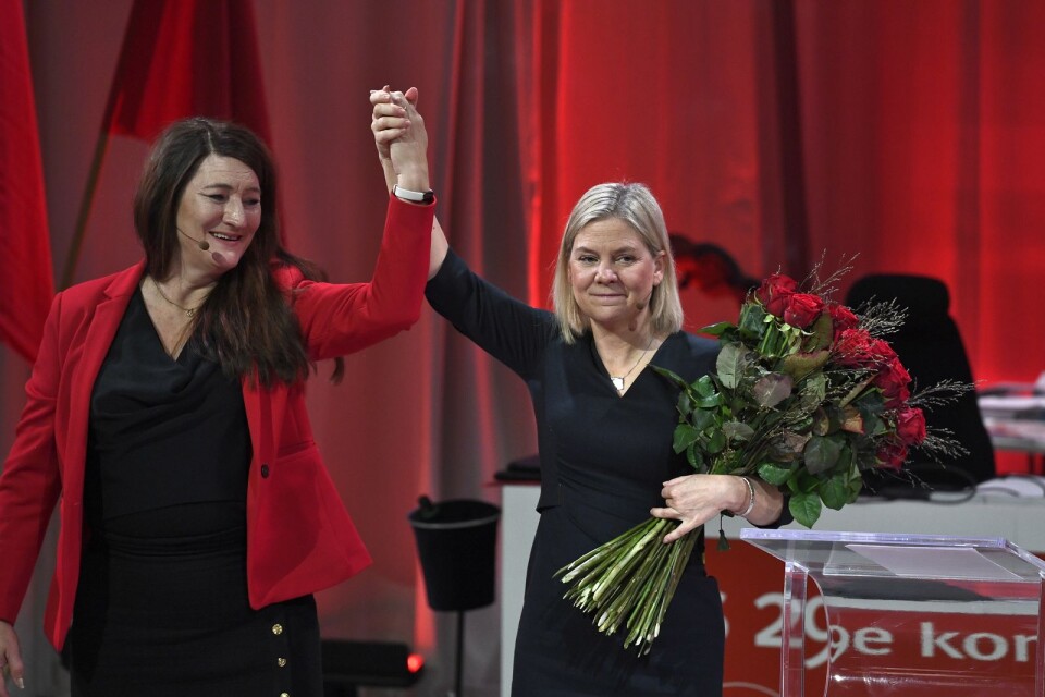 Statsminister Magdalena Andersson och LO:s ordförande Susanna Gideonsson vid LO:s kongress i Folkets Hus i Stockholm i december förra året.