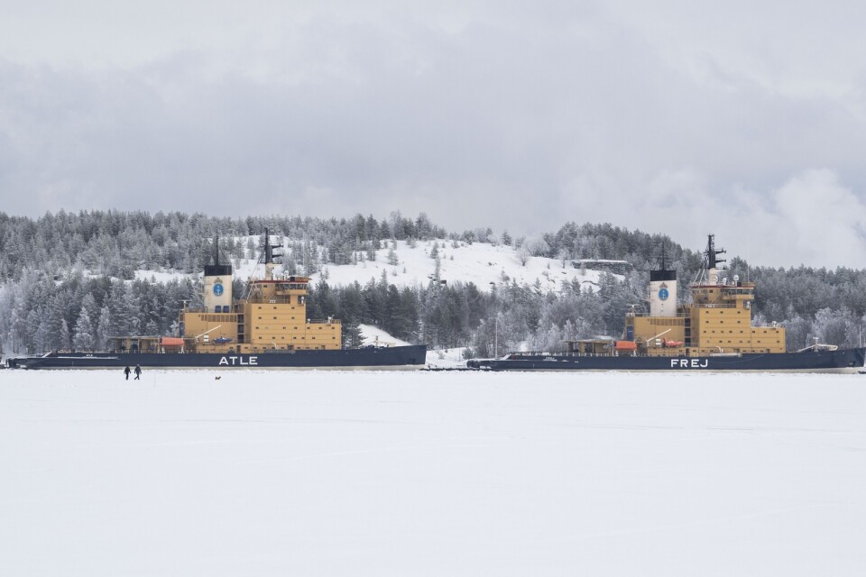 Sjöfartsverkets isbrytare Atle och Frej i hamnen i Luleå 2020.