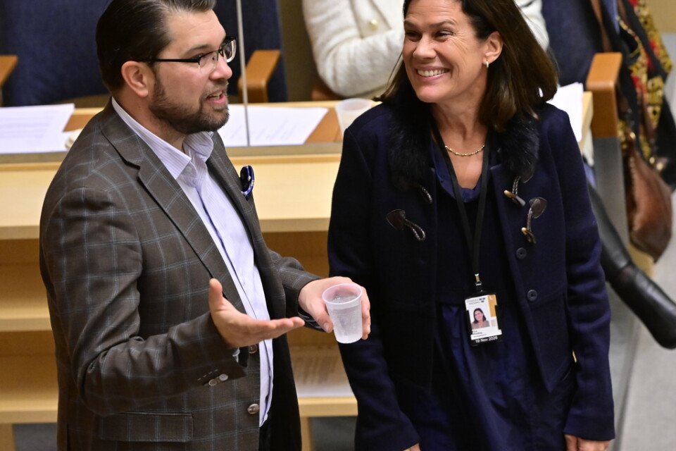 Partiledare Jimmie Åkesson (SD) i samspråk med Elsa Widding. Hon lämnade partiet för snart en månad sedan och är nu politisk vilde. Arkivbild.