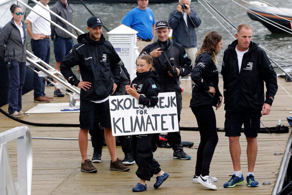Greta Thunberg i hamn i New York efter seglatsen över Atlanten.