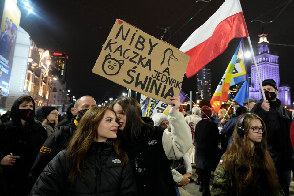 Kvinnor protesterar mot Polens abortlagar i Warszawa 2021. Skyltens ord – "som en anka och ändå en gris" – är en ordlek med Jaroslaw Kaczynskis namn som liknar det polska ordet för anka.