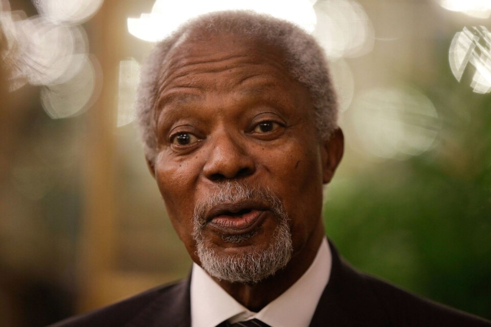 Former U.N. Secretary General Kofi Annan answers a question during an interview with the Associated Press, at the Palazzo Reale, in Milan, Italy, Saturday, Nov. 4, 2017.  Annan and Mozambican humanitarian and widow of Nelson Mandela Graca Machel are addressing a summit on the global crisis of malnutrition that is an underlying cause of half of child deaths. (AP Photo/Luca Bruno)