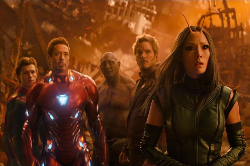 Gänget från ”Guardians of the galaxy” möter Iron man och Spider-Man i nya ”Avengers: Infinity war”. Fån vänster till höger syns Tom Holland, Robert Downey Jr, Dave Bautista, Chris Pratt och Pom Klementieff.