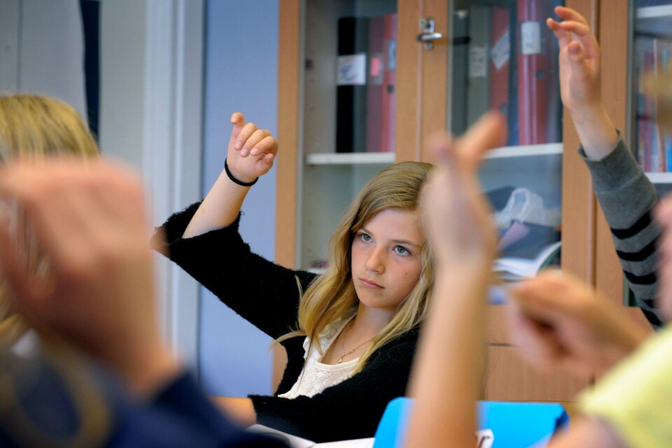 En elev räcker upp handen som sig bör. Bristen på studiero är ett problem i många svenska skolor.